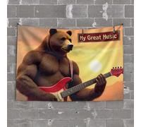 PKRD Man Cave Decorations A Muscular Bear Plays A Red Electric Guitar Against A Sunset Backdrop Tapestry Backyard Bar Decor Tapestry For Bedroom Aesthetic(75X100CM)