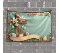 PKRD Outdoor Bar Accessories Decor Wooden Cross With Flowers And Eggs, Happy Easter Banner. Tapestry Man Cave Decorations Room Decore(100X150CM)