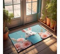 PKRD Plain Door Mat For Crafts A Cute White Bunny In A Blue Bucket Surrounded By Pink Flowers. Doormat Small Outdoor Rug Front Door Rug Outdoor(50X80CM)