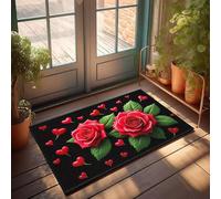 PKRD Plain Door Mat For Crafts Two Red Roses With Hearts On A Black Background. Doormat Small Outdoor Rug Front Door Rug Outdoor(50X80CM)