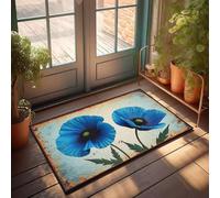 PKRD Retro Rugs Two Blue Poppies With Green Leaves. Doormat Teen Room Decor Fall Welcome Mats Outdoor(50X80CM)
