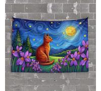 PKRD Tapestry Wall Art A Red Cat Sits Amidst Vibrant Purple Flowers Under A Swirling Night Sky Tapestry Wall Decor For Bedroom Aesthetic Funny Room Decor(75X100CM)