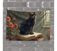 PKRD Tapistreys For Room A Black Cat Sits On An Open Book, Surrounded By Vibrant Flowers. Tapestry Dorm Art Room Accessories For Teen Boys(100X150CM)