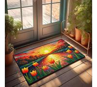PKRD Things For Boys Room Sunset Over A River With Vibrant Tulips In The Foreground. Doormat Outdoor Door Mats For Outside Entry Man Cave Bar(65X90CM)