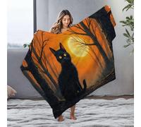 PKRD Throw Blanket For Bed A Black Cat Sits In A Spooky Forest With A Full Moon Shining Brightly. Flannel Blanket Blanket Queen Size White Blanket(125x150cm)