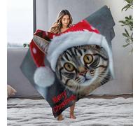 PKRD Throw Blanket For Bed A Cat Wearing A Santa Hat With Merry Christmas Written On It. Flannel Blanket Blanket Queen Size White Blanket(125x150cm)
