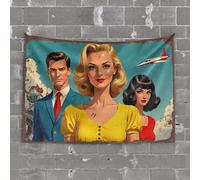 PKRD Wall Tapestry Vintage Poster With Three People, Motorcycle, Plane, And Clouds. Tapestry Door Decorations For Bedroom Home Decor Men(100X150CM)