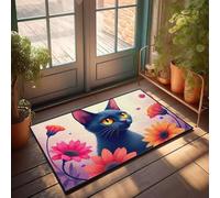 PKRD Welcome Mat Classroom A Black Cat Surrounded By Vibrant Flowers. Doormat Farmhouse Welcome Mat Fall Outside Door Mats(65X90CM)