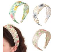 PKRFCJ Floral Headband for Women 3 PCS Embroidered Headband,Wide Boho Mesh Fabric Hair Bands,Comfortable and Non-slip Hair Accessories for Girls,Daily Wear and Special Occasions (Pink Yellow Green)