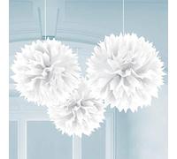 (PKT) Adult 3 Pack White Fluffy Paper Decorations 40cm