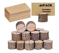 Place Card Holders, Rustic Real Wood with Wooden Bark Table Card Holder, Number Photo Stand Place Name Memo Card Holder for Wedding Party (20 Holders+20 Kraft Paper)
