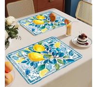 Place Mats for Table Lemon Leaves Blue Heat Proof Placemats Cotton Linen Washable Table Mats Set of 6 Thicken Wipeable Dinner Place Mat Tear Proof 30x45cm