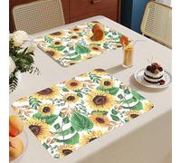 Place Mats for Table Sunflower Green Leaf Heat Proof Placemats Cotton Linen Washable Table Mats Thicken Wipeable Dinner Place Mat Tear Proof 30x45cm 4 Pcs