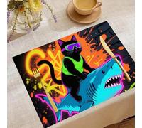 Place Mats Set 30x45cm*6 Blacklight Cat Riding Shark Decorative Summer Decor Placemats Rectangle Spring Table Mats for Party Home Kitchen Dining Table Decoration