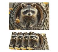 Place Mats Set of 4 Raccoon in The Fall Tree Hole Decorative Summer Linen Placemats Rectangle Spring Table Mats for Party Home Kitchen Dining Table Decoration
