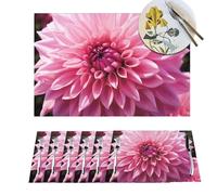 Placemat Set of 6 PVC Floral Pink Dahlia Flower Place Mats Non-Slip Table Mats Floral Pink Dahlia Flower Place Mat for Kitchen Heat Resistant Desktop Protection Mat for Dining Table