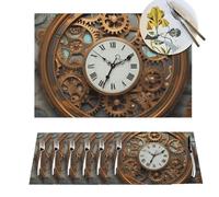 Placemat Set of 6 PVC Rusty Steampunk Clock Place Mats Non-Slip Table Mats Rusty Steampunk Clock Place Mat for Kitchen Heat Resistant Desktop Protection Mat for Dining Table