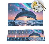 Placemats 4 PCS Washable Woven Place mats for Dining Colorful Starry Sky Ocean Dolphin Table Mats Farmhouse PVC Placemats for Dining Table Kitchen Decoration Party Holiday