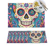 Placemats 4 PCS Washable Woven Place mats for Dining Colorful Sugar Skull Table Mats Farmhouse PVC Placemats for Dining Table Kitchen Decoration Party Holiday