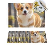 Placemats 6 PCS Washable Woven Place mats for Dining Cute Corgi dog Table Mats Farmhouse PVC Placemats for Dining Table Kitchen Decoration Party Holiday