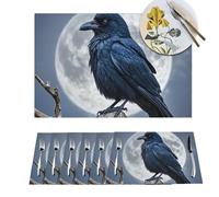 Placemats 6 PCS Washable Woven Place mats for Dining Night crow Table Mats Farmhouse PVC Placemats for Dining Table Kitchen Decoration Party Holiday