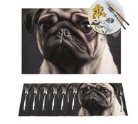 Placemats 6 PCS Washable Woven Place mats for Dining Pug Dog Table Mats Farmhouse PVC Placemats for Dining Table Kitchen Decoration Party Holiday