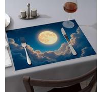 Placemats A Bright Full Moon Shines Through Fluffy Clouds in A Starry Night Sky Dining Place Mats Summer Table Runner Wipeable Placemats(4PCS)