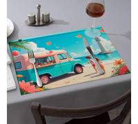 Placemats A Colorful Beach Scene With Children Near An Ice Cream Truck, Flowers, Butterflies Dining Place Mats Modern Farmhouse Decor Modern Farmhouse Decor(1PCS)