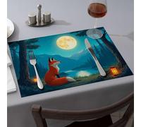 Placemats A Fox Sits By A Lake Under A Full Moon Dining Place Mats Western Tablecloth Modern Farmhouse Decor(6PCS)
