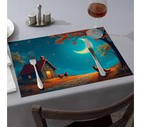 Placemats A Fox Watches Chickens Outside A Cozy Cabin Under A Crescent Moon Dining Place Mats Summer Table Runner Wipeable Placemats(6PCS)