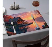 Placemats A Serene Lakeside Cabin At Sunset With Boats And Swans Dining Place Mats Modern Farmhouse Decor Modern Farmhouse Decor(4PCS)