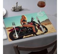 Placemats A Woman In A Bikini Sits On A Red Motorcycle In The Desert Dining Place Mats Modern Farmhouse Decor Modern Farmhouse Decor(1PCS)