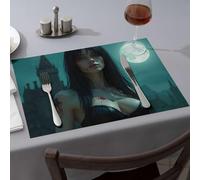 Placemats A Woman In Black Leather With Blood, Standing Under A Full Moon Dining Place Mats Western Tablecloth Modern Farmhouse Decor(6PCS)