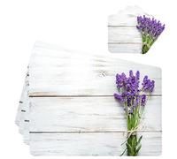 Placemats and Coaster Set of 4, Lavender Bouquet White Wooden Table Mats PVC Heat Resistant Waterproof Non-Slip Dinner Table Mats for Kitchen Mat Table Indoor Outdoor