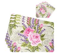 Placemats and Coaster Set of 4, Vintage Rose and Lavender Table Mats PVC Heat Resistant Waterproof Non-Slip Dinner Table Mats for Kitchen Mat Table Indoor Outdoor