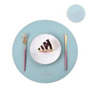 Placemats and Coaster Sets 1/2/6Sets Round Table Placemats and Coaster Set Fuax Leather PU Coffe Mat Cafe Pad Kitchen Accessories Grey(Y water blue,2sets)
