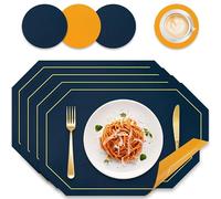 Placemats and Coaster Sets 4, Dual Sided Leather Dining Table Mats Heat-Resistant Non-Slip and Washable, Waterproof Wipeable Place Mat 30x43 cm, Easy to Clean for Home Kitchen Restaurant (Blue&Yellow)