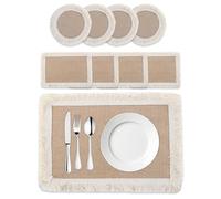 Placemats and Coaster Sets 4, Fabric Place Mats for Table Boho Washable Table Mat 34 * 23cm Non-Slip Woven Placemat Round Coasters for Dining Kitchen Restaurant Hotel (Linen)