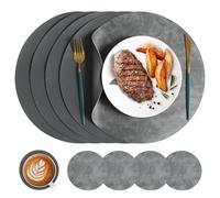 Placemats and Coaster Sets 5, Leather Round Placemats Washable Table Mat Dual-Sided Waterproof Non Slip Place Mats for Kitchen Dining Table Home Restaurant, Grey