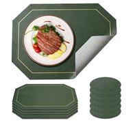 Placemats and Coaster Sets 6, 30x43 cm, Leather Heat Resistant Non-Slip Washable, Two-Color Place Mats for Kitchen Dining Table Home Décor (Green Grey)