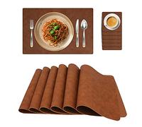 Placemats and Coaster Sets 6, Double Thickened Place Mats Set of 6 Dining Table Mats and 6 Coasters, for Hotel and Office (Red Brown)