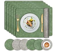 Placemats and Coaster Sets 6, Dual-Sided Leather Floral Table Mats 30x43 cm, Heat Resistant Non-Slip Wipeable, Washable Two-Color Kitchen Place Mats for Home Dining Table Restaurant Hotel (Green Grey)