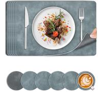 Placemats and Coaster Sets 6, Dual Sided Leather Place Mats 44.5 x30 cm, Heat Resistant Non-Slip Table Mats, Wipeable Washable Placemats Set of 6 for Home Outdoor Dining Table Kitchen Hotel(Blue&Grey)