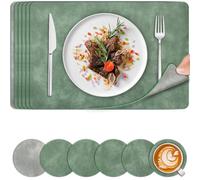 Placemats and Coaster Sets 6 | Faux Leather Place Mats and Coasters Heat Resistant | Wipeable Washable Dual-Sided Cowhide Table Mats | Table Placemat for Indoor Outdoor | 44.5 x 30cm | Green & Grey