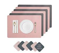 Placemats And Coaster Sets 6, Waterproof Non-Slip Place Mats Set Of 6 And Double Thickened Dining Table Mats, Washable Leather Coasters and Placemats for Dining Table (Pink dark gray)