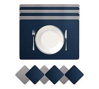 Placemats And Coaster Sets 6, Waterproof Non-Slip Place Mats Set Of 6 And Double Thickened Dining Table Mats, Washable Leather Coasters and Placemats for Dining Table (Blue+light gray)