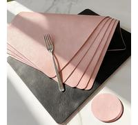 Placemats and Coaster Sets 6, Wipeable Faux Leather Place Mats for Table, Non-Slip Washable Placemat, Waterproof-Heat Resistant Table Mats, Large Garden Placemats for Dining-Outdoor,Pink-Grey
