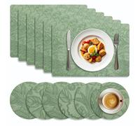 Placemats and Coaster Sets of 6, Washable Non-Slip Table Mats 30x43 cm, Heat Resistant Wipeable Dining Table Mats for Kitchen, Outdoor, and Modern Boho Homes (Green)