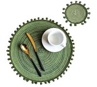 Placemats And Coaster Sets Pompom Placemats and Coaster Set Round Trivet for Hot Dish Vintage Placemat Jute Table Mats(Pom green)