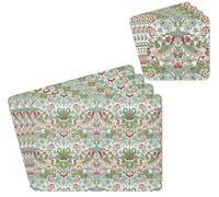 Placemats And Coasters Set of 4 Of Each With Wipe Clean Finish With Corked Back For Dinner & Dining Room Table (Green Strawberry Thief)